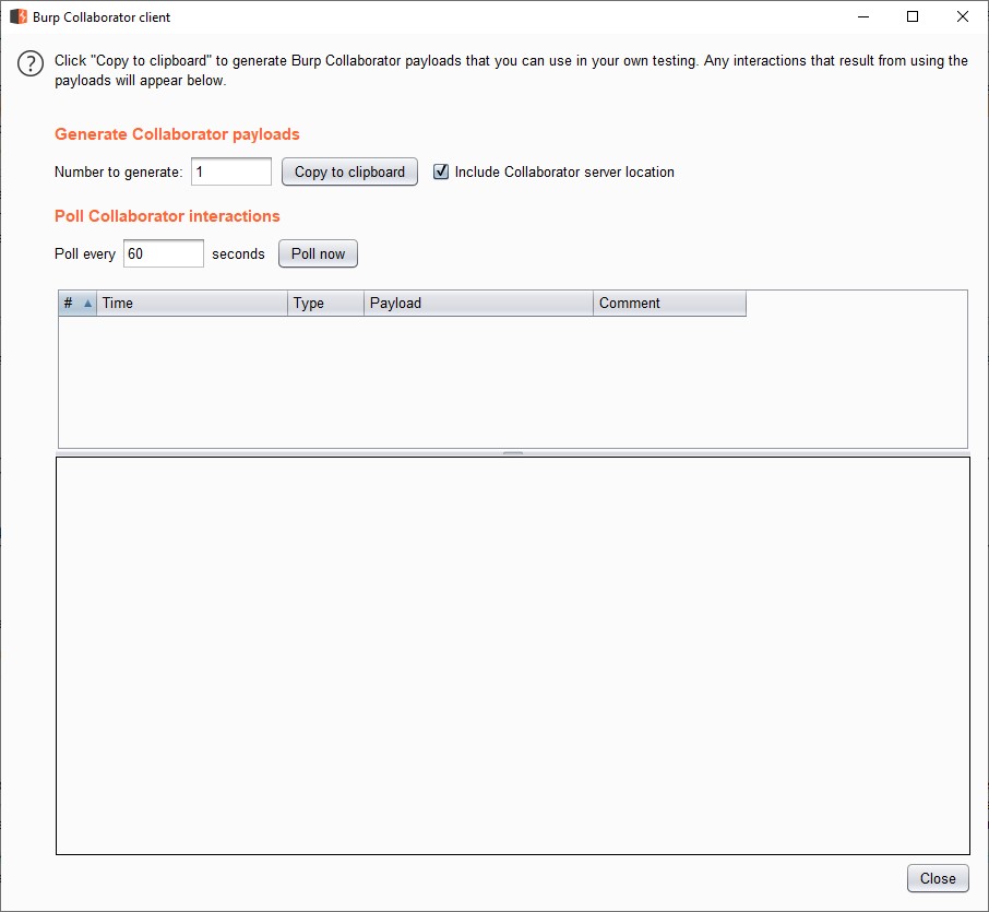 Pantalla del cliente de Burp Collabortor