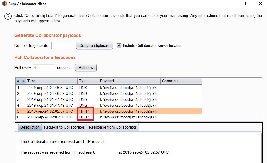 Petición del open redirect visualizada en el cliente del Collaborator