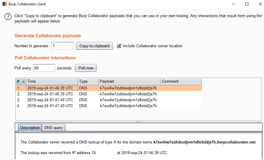 Resolución DNS vista desde el cliente del Collaborator